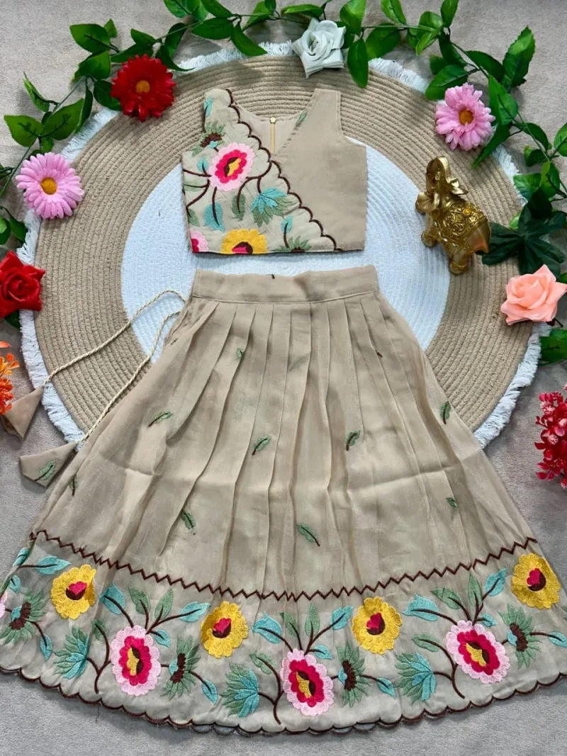 Ajd 8202 Crunchy Silk Floral Embroidery Work Kids Lehenga Choli